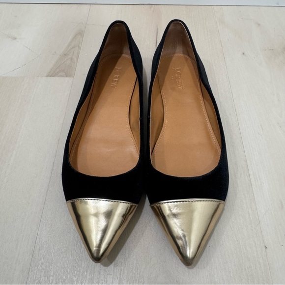 J. Crew Amelia Flats Black Velvet with Gold Metallic Cap Women's 8.5 Slip On - Picture 2 of 9